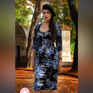 Pinup Couture Mona Wiggle Dress in Blue Roses Satin - NWT Size 12